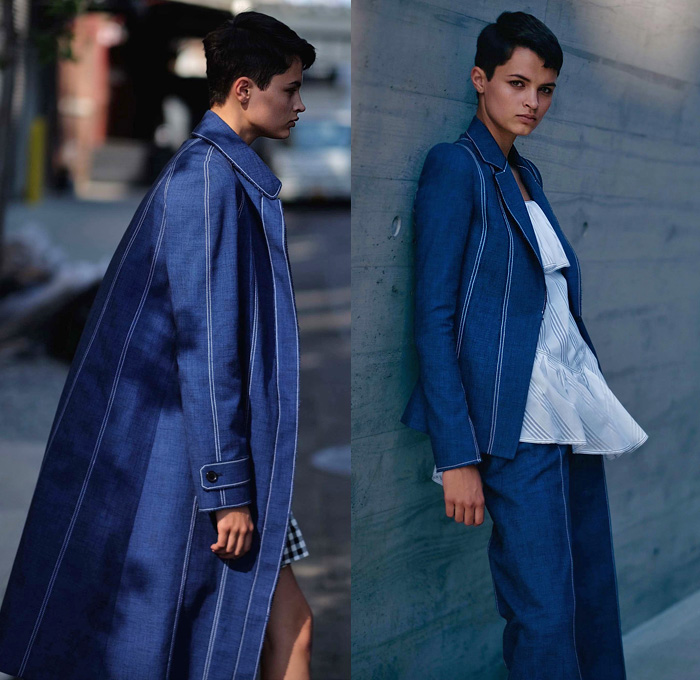 Wes Gordon 2017 Resort Cruise Pre-Spring Womens Lookbook Presentation - Pseudo Denim Jeans Wool Viscose Wide Leg Trousers Palazzo Pants Knitwear Outerwear Coat Contrast Stitching Jacket Blazer Lace Mesh Fringes Blouse Ruffles Noodle Spaghetti Strap Dress Check Ornamental