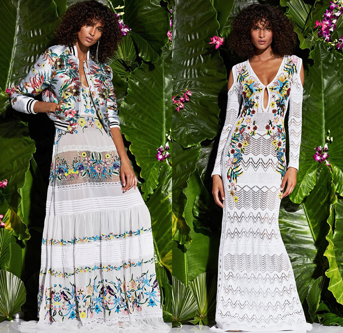 Zuhair Murad 2017 Resort Cruise Pre-Spring Womens Lookbook Presentation - Acid Wash Bleached Denim Jeans Flowers Floral Foliage Birds Tropical Motif Embroidery Bedazzled Gladiator Sandals Sheer Chiffon Tulle Lace Mesh Blouse Ruffles Crop Top Midriff Strapless Jacket Trench Coat Suede Wide Leg Trousers Palazzo Pants Onesie Jumpsuit Coveralls Romper Cape Hanging Sleeve Clutch Purse Scarf Accordion Pleats Wrap Curtain Neck Halter Top Maxi Dress Goddess Gown Drapery Bomber Jacket