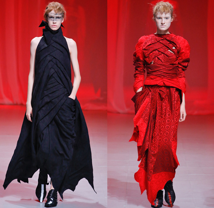 Aganovich 2017 Spring Summer Womens Runway Catwalk Looks - Mode à Paris Fashion Week Mode Féminin France - Pineapple Double Hem Layers Tiered Maxi Dress Turtleneck Ombre Grunge Folds Cinch Gown Eveningwear Destroyed Destructed Halter Top Circles Jacquard Mesh Skirt Frock Blouse Pants Trousers Knee Panels Sheer Chiffon Mummy Wrap Strapless Strips Jagged Rags Outerwear Coat Make Up Ink Paint Strip