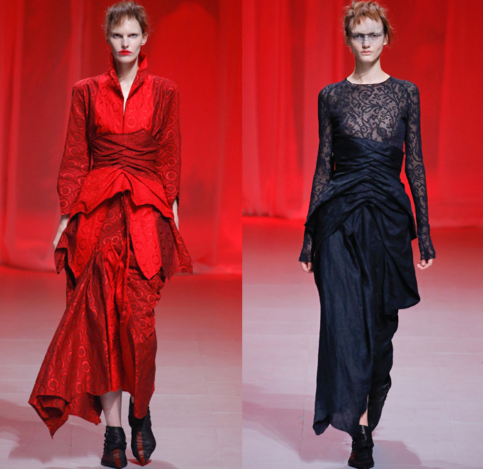 Aganovich 2017 Spring Summer Womens Runway Catwalk Looks - Mode à Paris Fashion Week Mode Féminin France - Pineapple Double Hem Layers Tiered Maxi Dress Turtleneck Ombre Grunge Folds Cinch Gown Eveningwear Destroyed Destructed Halter Top Circles Jacquard Mesh Skirt Frock Blouse Pants Trousers Knee Panels Sheer Chiffon Mummy Wrap Strapless Strips Jagged Rags Outerwear Coat Make Up Ink Paint Strip