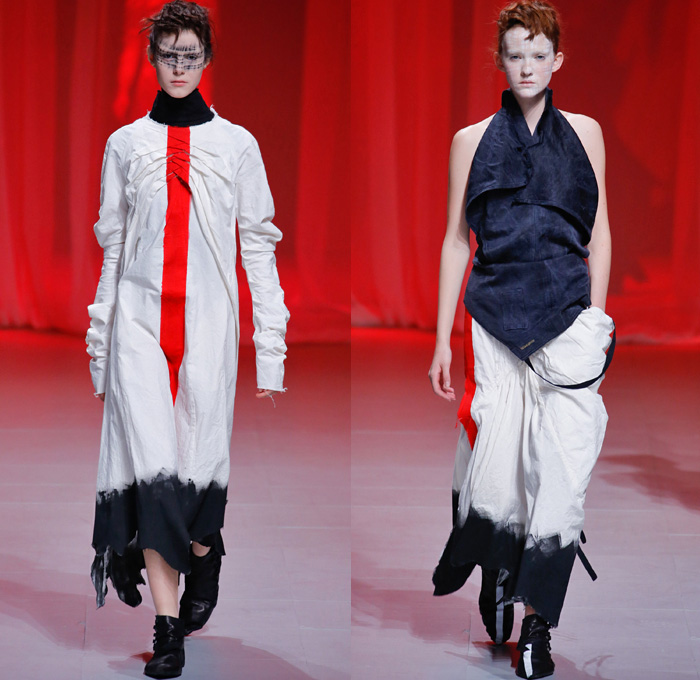 Aganovich 2017 Spring Summer Womens Runway Catwalk Looks - Mode à Paris Fashion Week Mode Féminin France - Pineapple Double Hem Layers Tiered Maxi Dress Turtleneck Ombre Grunge Folds Cinch Gown Eveningwear Destroyed Destructed Halter Top Circles Jacquard Mesh Skirt Frock Blouse Pants Trousers Knee Panels Sheer Chiffon Mummy Wrap Strapless Strips Jagged Rags Outerwear Coat Make Up Ink Paint Strip