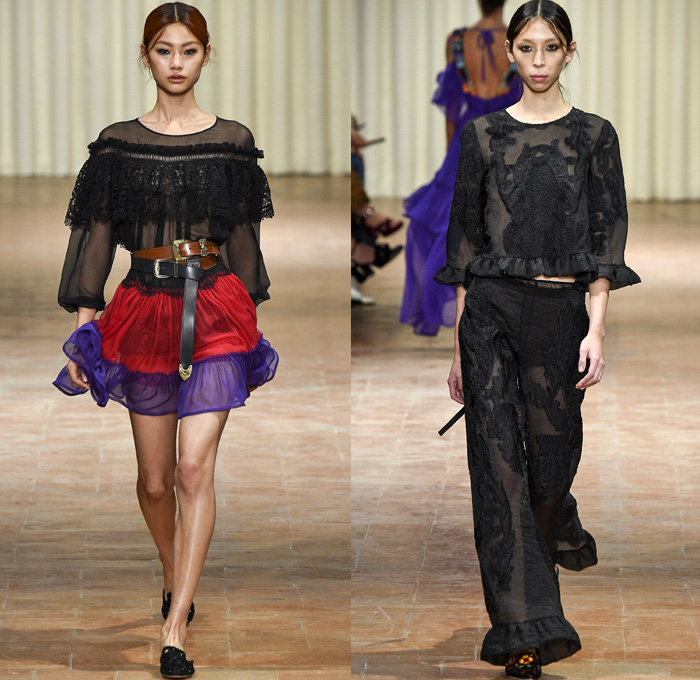 Alberta Ferretti 2017 Spring Summer Womens Runway Catwalk Looks - Milano Moda Donna Collezione Milan Fashion Week Italy Camera Nazionale della Moda Italiana - Ethereal Pre-Raphaelite Leather Corset Ruffles Western Cowgirl Belts Peasant Blouse Shorts Sheer Chiffon Ornamental Decorative Art Embroidery Robe Crop Top Midriff Bralette Bandeau Lace Needlework Flowers Floral Wide Leg Trousers Palazzo Pants Vest Waistcoat Silk Satin Skirt Frock Tiered Layers Leather Maxi Dress Long Sleeve Shirt Boatneck High Slit