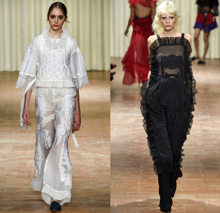 Alberta Ferretti 2017 Spring Summer Womens Runway Catwalk Looks - Milano Moda Donna Collezione Milan Fashion Week Italy Camera Nazionale della Moda Italiana - Ethereal Pre-Raphaelite Leather Corset Ruffles Western Cowgirl Belts Peasant Blouse Shorts Sheer Chiffon Ornamental Decorative Art Embroidery Robe Crop Top Midriff Bralette Bandeau Lace Needlework Flowers Floral Wide Leg Trousers Palazzo Pants Vest Waistcoat Silk Satin Skirt Frock Tiered Layers Leather Maxi Dress Long Sleeve Shirt Boatneck High Slit