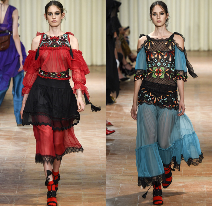 Alberta Ferretti 2017 Spring Summer Womens Runway Catwalk Looks - Milano Moda Donna Collezione Milan Fashion Week Italy Camera Nazionale della Moda Italiana - Ethereal Pre-Raphaelite Leather Corset Ruffles Western Cowgirl Belts Peasant Blouse Shorts Sheer Chiffon Ornamental Decorative Art Embroidery Robe Crop Top Midriff Bralette Bandeau Lace Needlework Flowers Floral Wide Leg Trousers Palazzo Pants Vest Waistcoat Silk Satin Skirt Frock Tiered Layers Leather Maxi Dress Long Sleeve Shirt Boatneck High Slit