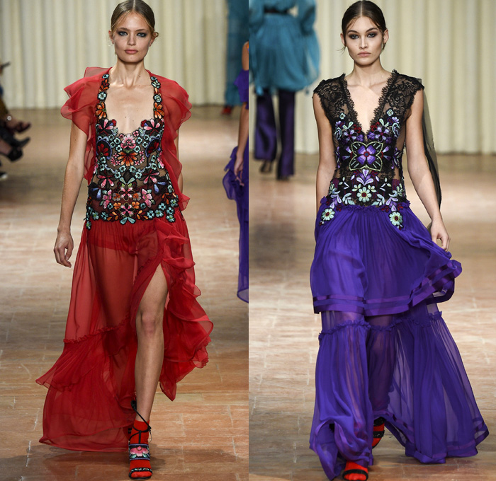 Alberta Ferretti 2017 Spring Summer Womens Runway Catwalk Looks - Milano Moda Donna Collezione Milan Fashion Week Italy Camera Nazionale della Moda Italiana - Ethereal Pre-Raphaelite Leather Corset Ruffles Western Cowgirl Belts Peasant Blouse Shorts Sheer Chiffon Ornamental Decorative Art Embroidery Robe Crop Top Midriff Bralette Bandeau Lace Needlework Flowers Floral Wide Leg Trousers Palazzo Pants Vest Waistcoat Silk Satin Skirt Frock Tiered Layers Leather Maxi Dress Long Sleeve Shirt Boatneck High Slit