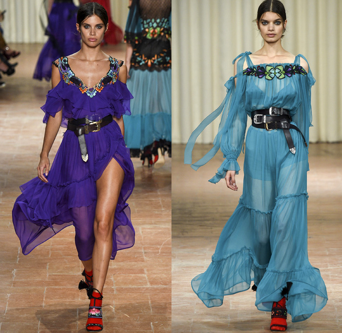 Alberta Ferretti 2017 Spring Summer Womens Runway Catwalk Looks - Milano Moda Donna Collezione Milan Fashion Week Italy Camera Nazionale della Moda Italiana - Ethereal Pre-Raphaelite Leather Corset Ruffles Western Cowgirl Belts Peasant Blouse Shorts Sheer Chiffon Ornamental Decorative Art Embroidery Robe Crop Top Midriff Bralette Bandeau Lace Needlework Flowers Floral Wide Leg Trousers Palazzo Pants Vest Waistcoat Silk Satin Skirt Frock Tiered Layers Leather Maxi Dress Long Sleeve Shirt Boatneck High Slit
