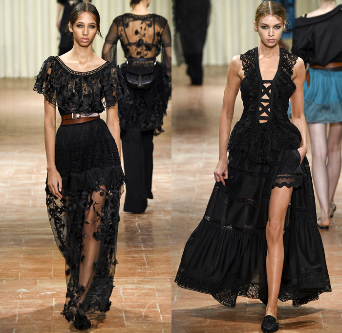 Alberta Ferretti 2017 Spring Summer Womens Runway Catwalk Looks - Milano Moda Donna Collezione Milan Fashion Week Italy Camera Nazionale della Moda Italiana - Ethereal Pre-Raphaelite Leather Corset Ruffles Western Cowgirl Belts Peasant Blouse Shorts Sheer Chiffon Ornamental Decorative Art Embroidery Robe Crop Top Midriff Bralette Bandeau Lace Needlework Flowers Floral Wide Leg Trousers Palazzo Pants Vest Waistcoat Silk Satin Skirt Frock Tiered Layers Leather Maxi Dress Long Sleeve Shirt Boatneck High Slit