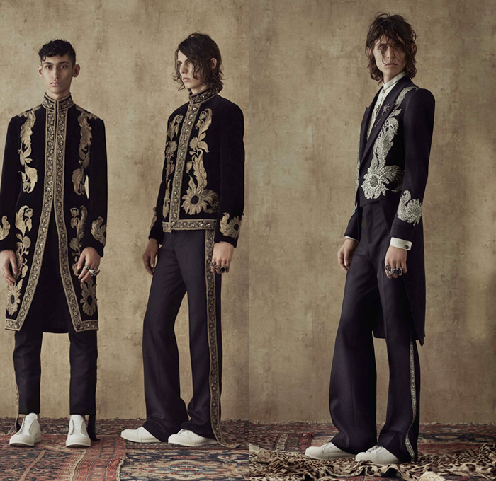 Alexander McQueen 2017 Spring Summer Mens Lookbook Presentation - London Collections: Men British Fashion UK United Kingdom - Imperial India 1960s Sixties Paisley Brocade Ornamental Outerwear Trench Coat Embroidery Slouchy Bootcut Bootleg Pants Trousers Sneakers Shirt Tuxedo Jacket Suit Vest Waistcoat Vestcoat Sleeveless Flowers Floral Cargo Pockets Stripes Safari Animal Tiger Postcard Post Mail Stamps Zebra Landscape Leopard