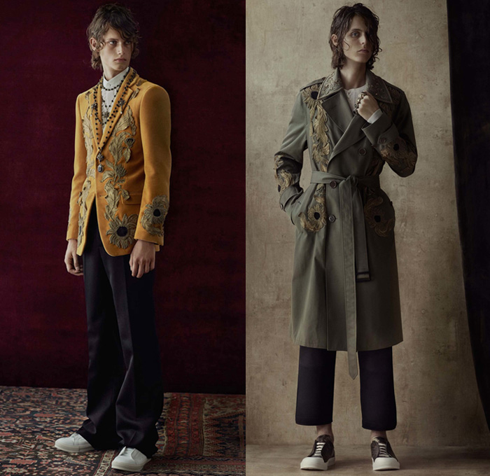 Alexander McQueen 2017 Spring Summer Mens Lookbook Presentation - London Collections: Men British Fashion UK United Kingdom - Imperial India 1960s Sixties Paisley Brocade Ornamental Outerwear Trench Coat Embroidery Slouchy Bootcut Bootleg Pants Trousers Sneakers Shirt Tuxedo Jacket Suit Vest Waistcoat Vestcoat Sleeveless Flowers Floral Cargo Pockets Stripes Safari Animal Tiger Postcard Post Mail Stamps Zebra Landscape Leopard