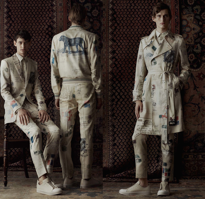 Alexander McQueen 2017 Spring Summer Mens Lookbook Presentation - London Collections: Men British Fashion UK United Kingdom - Imperial India 1960s Sixties Paisley Brocade Ornamental Outerwear Trench Coat Embroidery Slouchy Bootcut Bootleg Pants Trousers Sneakers Shirt Tuxedo Jacket Suit Vest Waistcoat Vestcoat Sleeveless Flowers Floral Cargo Pockets Stripes Safari Animal Tiger Postcard Post Mail Stamps Zebra Landscape Leopard