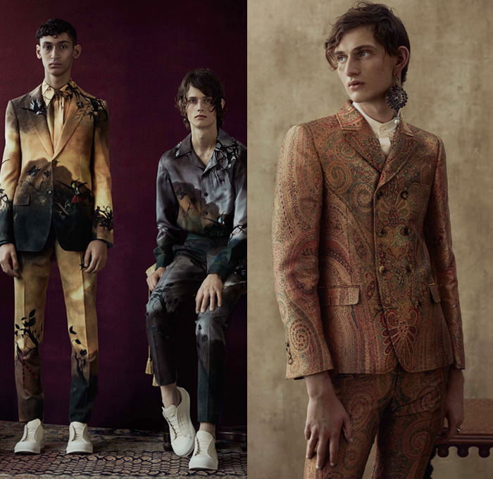 Alexander McQueen 2017 Spring Summer Mens Lookbook Presentation - London Collections: Men British Fashion UK United Kingdom - Imperial India 1960s Sixties Paisley Brocade Ornamental Outerwear Trench Coat Embroidery Slouchy Bootcut Bootleg Pants Trousers Sneakers Shirt Tuxedo Jacket Suit Vest Waistcoat Vestcoat Sleeveless Flowers Floral Cargo Pockets Stripes Safari Animal Tiger Postcard Post Mail Stamps Zebra Landscape Leopard