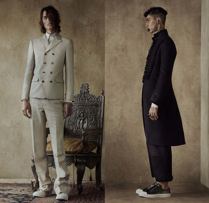 Alexander McQueen 2017 Spring Summer Mens Lookbook Presentation - London Collections: Men British Fashion UK United Kingdom - Imperial India 1960s Sixties Paisley Brocade Ornamental Outerwear Trench Coat Embroidery Slouchy Bootcut Bootleg Pants Trousers Sneakers Shirt Tuxedo Jacket Suit Vest Waistcoat Vestcoat Sleeveless Flowers Floral Cargo Pockets Stripes Safari Animal Tiger Postcard Post Mail Stamps Zebra Landscape Leopard