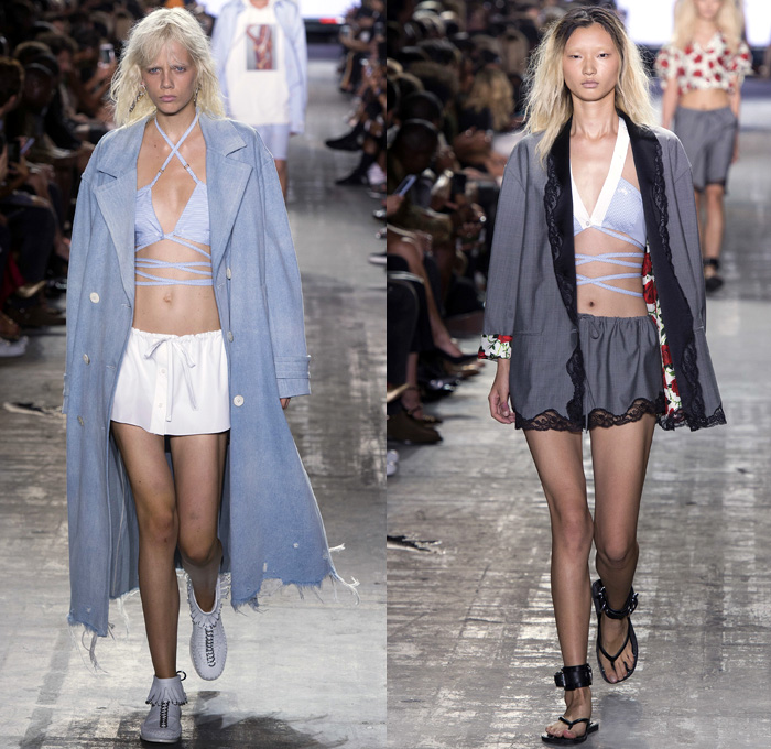 Alexander Wang 2017 Spring Summer Womens Runway Catwalk Looks - New York Fashion Week - Adidas Originals Collaboration Denim Jeans Lingerie Lace Edges Boudoir Slip Dress Silk Satin Embroidery Sheer Chiffon Tulle Voile Vest Waistcoat Sleeveless Wrap Around Neoprene Drawstring Shorts Mini Skirt Crop Top Midriff Swim Bikini Jacket Blazer Skirt Frock Noodle Strap Cargo Pockets Plaid Check Tunic Sweater Contrast Stitching Ruffles Cross Halterneck Onesie Jumpsuit Kimono Wrap Cutout Shoulders Shorts Strapless Gown Handbag Clutch Lanyard Metal Rings BIC Lighter Nail Cutter