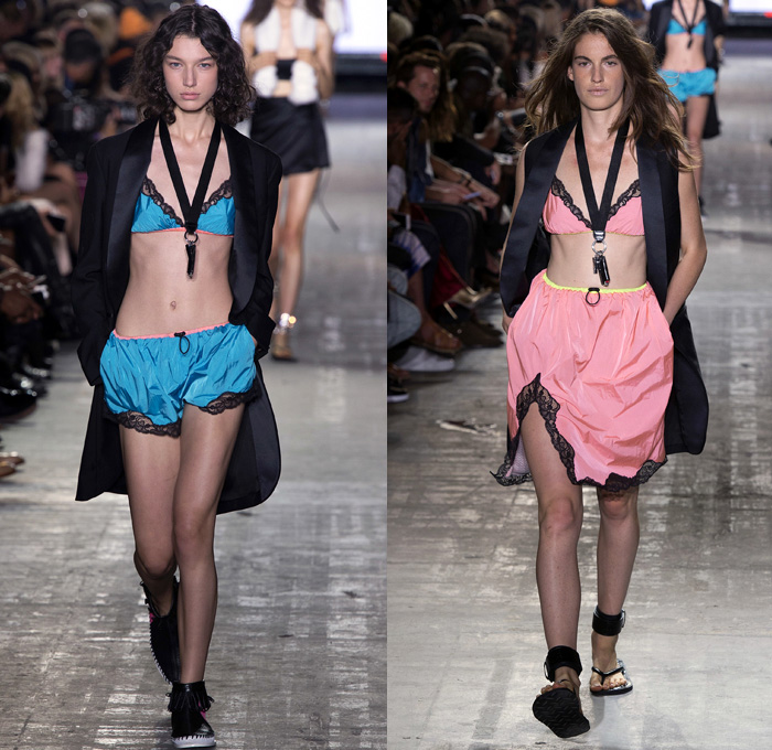 Alexander Wang 2017 Spring Summer Womens Runway Catwalk Looks - New York Fashion Week - Adidas Originals Collaboration Denim Jeans Lingerie Lace Edges Boudoir Slip Dress Silk Satin Embroidery Sheer Chiffon Tulle Voile Vest Waistcoat Sleeveless Wrap Around Neoprene Drawstring Shorts Mini Skirt Crop Top Midriff Swim Bikini Jacket Blazer Skirt Frock Noodle Strap Cargo Pockets Plaid Check Tunic Sweater Contrast Stitching Ruffles Cross Halterneck Onesie Jumpsuit Kimono Wrap Cutout Shoulders Shorts Strapless Gown Handbag Clutch Lanyard Metal Rings BIC Lighter Nail Cutter