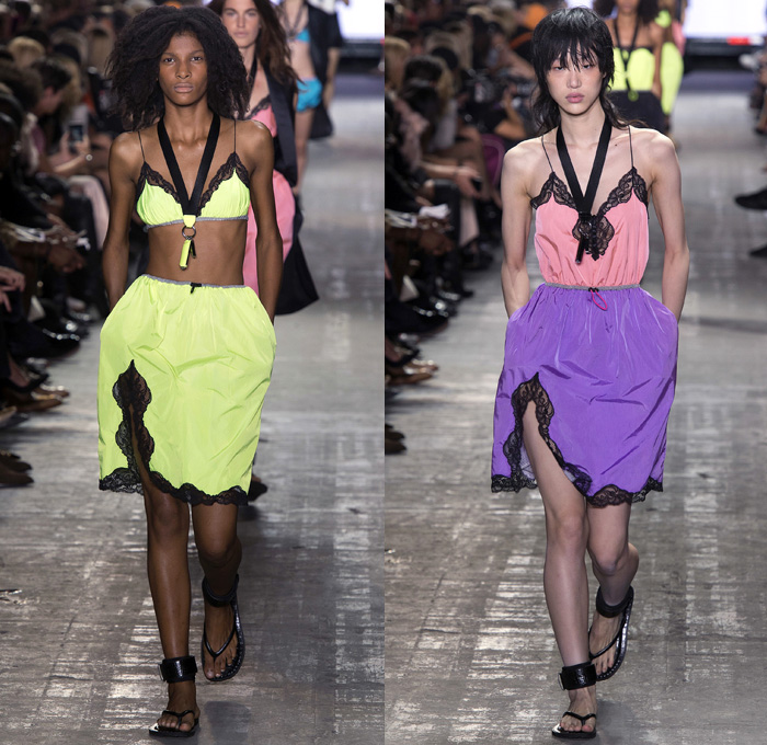 Alexander Wang 2017 Spring Summer Womens Runway Catwalk Looks - New York Fashion Week - Adidas Originals Collaboration Denim Jeans Lingerie Lace Edges Boudoir Slip Dress Silk Satin Embroidery Sheer Chiffon Tulle Voile Vest Waistcoat Sleeveless Wrap Around Neoprene Drawstring Shorts Mini Skirt Crop Top Midriff Swim Bikini Jacket Blazer Skirt Frock Noodle Strap Cargo Pockets Plaid Check Tunic Sweater Contrast Stitching Ruffles Cross Halterneck Onesie Jumpsuit Kimono Wrap Cutout Shoulders Shorts Strapless Gown Handbag Clutch Lanyard Metal Rings BIC Lighter Nail Cutter