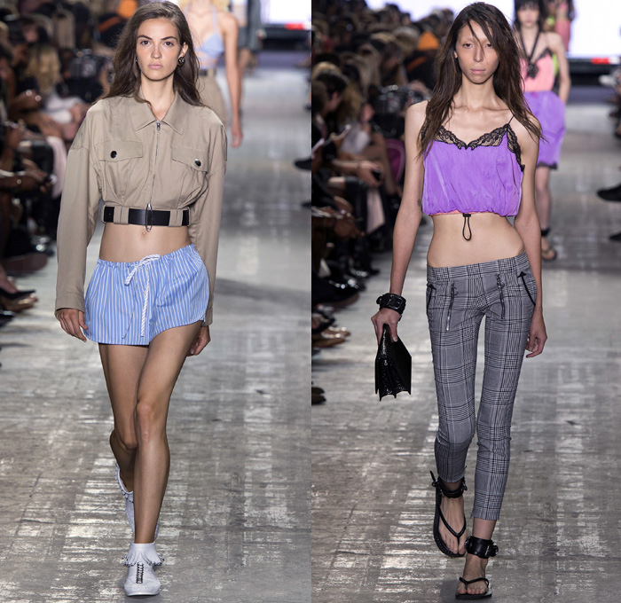 Alexander Wang 2017 Spring Summer Womens Runway Catwalk Looks - New York Fashion Week - Adidas Originals Collaboration Denim Jeans Lingerie Lace Edges Boudoir Slip Dress Silk Satin Embroidery Sheer Chiffon Tulle Voile Vest Waistcoat Sleeveless Wrap Around Neoprene Drawstring Shorts Mini Skirt Crop Top Midriff Swim Bikini Jacket Blazer Skirt Frock Noodle Strap Cargo Pockets Plaid Check Tunic Sweater Contrast Stitching Ruffles Cross Halterneck Onesie Jumpsuit Kimono Wrap Cutout Shoulders Shorts Strapless Gown Handbag Clutch Lanyard Metal Rings BIC Lighter Nail Cutter