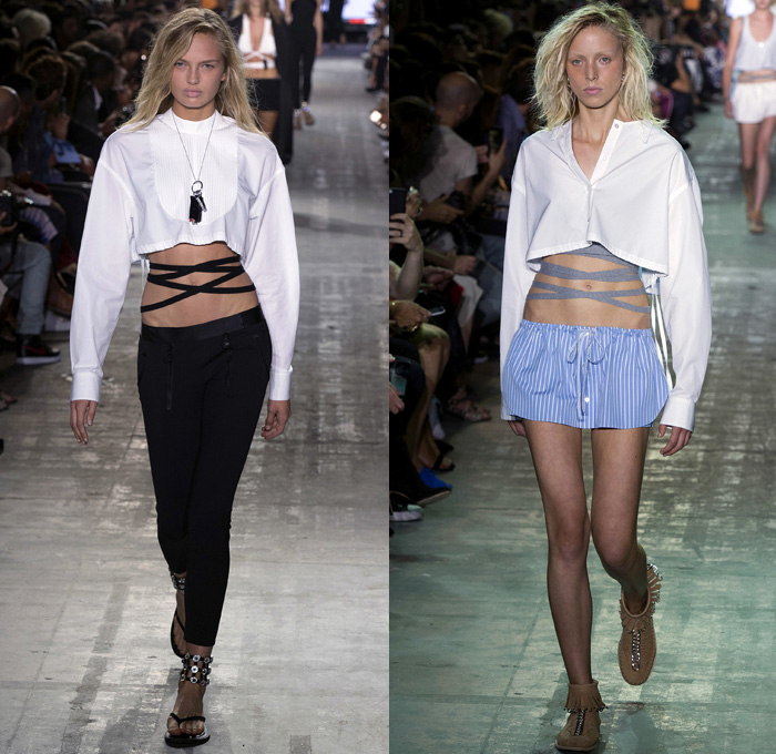 Alexander Wang 2017 Spring Summer Womens Runway Catwalk Looks - New York Fashion Week - Adidas Originals Collaboration Denim Jeans Lingerie Lace Edges Boudoir Slip Dress Silk Satin Embroidery Sheer Chiffon Tulle Voile Vest Waistcoat Sleeveless Wrap Around Neoprene Drawstring Shorts Mini Skirt Crop Top Midriff Swim Bikini Jacket Blazer Skirt Frock Noodle Strap Cargo Pockets Plaid Check Tunic Sweater Contrast Stitching Ruffles Cross Halterneck Onesie Jumpsuit Kimono Wrap Cutout Shoulders Shorts Strapless Gown Handbag Clutch Lanyard Metal Rings BIC Lighter Nail Cutter