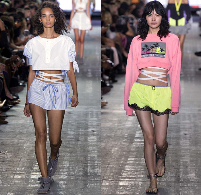 Alexander Wang 2017 Spring Summer Womens Runway Catwalk Looks - New York Fashion Week - Adidas Originals Collaboration Denim Jeans Lingerie Lace Edges Boudoir Slip Dress Silk Satin Embroidery Sheer Chiffon Tulle Voile Vest Waistcoat Sleeveless Wrap Around Neoprene Drawstring Shorts Mini Skirt Crop Top Midriff Swim Bikini Jacket Blazer Skirt Frock Noodle Strap Cargo Pockets Plaid Check Tunic Sweater Contrast Stitching Ruffles Cross Halterneck Onesie Jumpsuit Kimono Wrap Cutout Shoulders Shorts Strapless Gown Handbag Clutch Lanyard Metal Rings BIC Lighter Nail Cutter