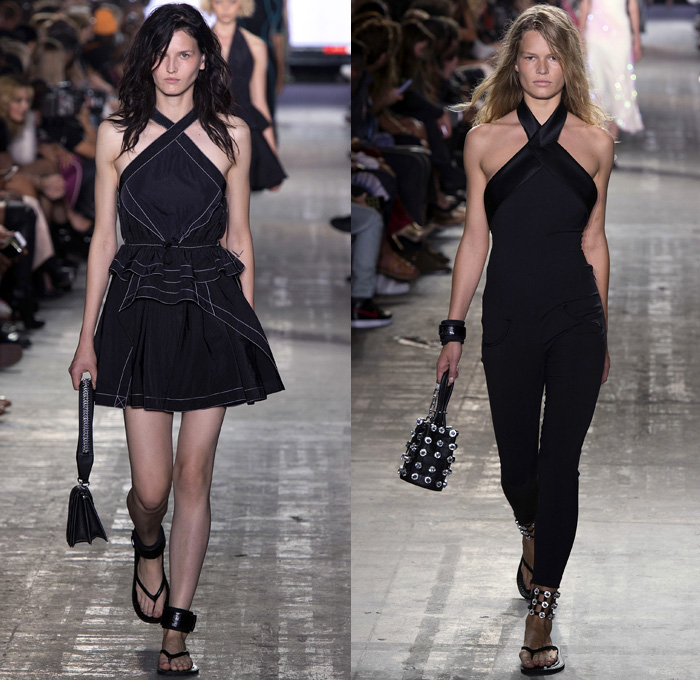 Alexander Wang 2017 Spring Summer Womens Runway Catwalk Looks - New York Fashion Week - Adidas Originals Collaboration Denim Jeans Lingerie Lace Edges Boudoir Slip Dress Silk Satin Embroidery Sheer Chiffon Tulle Voile Vest Waistcoat Sleeveless Wrap Around Neoprene Drawstring Shorts Mini Skirt Crop Top Midriff Swim Bikini Jacket Blazer Skirt Frock Noodle Strap Cargo Pockets Plaid Check Tunic Sweater Contrast Stitching Ruffles Cross Halterneck Onesie Jumpsuit Kimono Wrap Cutout Shoulders Shorts Strapless Gown Handbag Clutch Lanyard Metal Rings BIC Lighter Nail Cutter