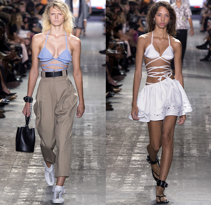 Alexander Wang 2017 Spring Summer Womens Runway Catwalk Looks - New York Fashion Week - Adidas Originals Collaboration Denim Jeans Lingerie Lace Edges Boudoir Slip Dress Silk Satin Embroidery Sheer Chiffon Tulle Voile Vest Waistcoat Sleeveless Wrap Around Neoprene Drawstring Shorts Mini Skirt Crop Top Midriff Swim Bikini Jacket Blazer Skirt Frock Noodle Strap Cargo Pockets Plaid Check Tunic Sweater Contrast Stitching Ruffles Cross Halterneck Onesie Jumpsuit Kimono Wrap Cutout Shoulders Shorts Strapless Gown Handbag Clutch Lanyard Metal Rings BIC Lighter Nail Cutter