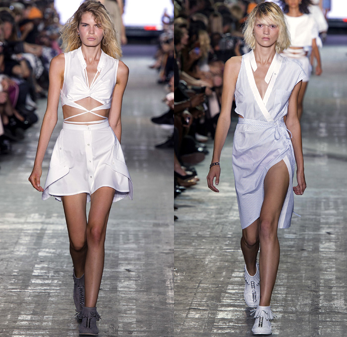 Alexander Wang 2017 Spring Summer Womens Runway Catwalk Looks - New York Fashion Week - Adidas Originals Collaboration Denim Jeans Lingerie Lace Edges Boudoir Slip Dress Silk Satin Embroidery Sheer Chiffon Tulle Voile Vest Waistcoat Sleeveless Wrap Around Neoprene Drawstring Shorts Mini Skirt Crop Top Midriff Swim Bikini Jacket Blazer Skirt Frock Noodle Strap Cargo Pockets Plaid Check Tunic Sweater Contrast Stitching Ruffles Cross Halterneck Onesie Jumpsuit Kimono Wrap Cutout Shoulders Shorts Strapless Gown Handbag Clutch Lanyard Metal Rings BIC Lighter Nail Cutter