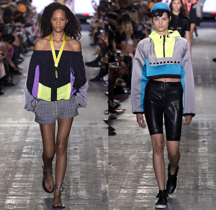 Alexander Wang 2017 Spring Summer Womens Runway Catwalk Looks - New York Fashion Week - Adidas Originals Collaboration Denim Jeans Lingerie Lace Edges Boudoir Slip Dress Silk Satin Embroidery Sheer Chiffon Tulle Voile Vest Waistcoat Sleeveless Wrap Around Neoprene Drawstring Shorts Mini Skirt Crop Top Midriff Swim Bikini Jacket Blazer Skirt Frock Noodle Strap Cargo Pockets Plaid Check Tunic Sweater Contrast Stitching Ruffles Cross Halterneck Onesie Jumpsuit Kimono Wrap Cutout Shoulders Shorts Strapless Gown Handbag Clutch Lanyard Metal Rings BIC Lighter Nail Cutter