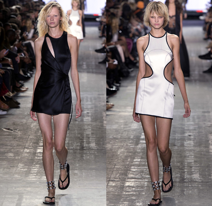 Alexander Wang 2017 Spring Summer Womens Runway Catwalk Looks - New York Fashion Week - Adidas Originals Collaboration Denim Jeans Lingerie Lace Edges Boudoir Slip Dress Silk Satin Embroidery Sheer Chiffon Tulle Voile Vest Waistcoat Sleeveless Wrap Around Neoprene Drawstring Shorts Mini Skirt Crop Top Midriff Swim Bikini Jacket Blazer Skirt Frock Noodle Strap Cargo Pockets Plaid Check Tunic Sweater Contrast Stitching Ruffles Cross Halterneck Onesie Jumpsuit Kimono Wrap Cutout Shoulders Shorts Strapless Gown Handbag Clutch Lanyard Metal Rings BIC Lighter Nail Cutter