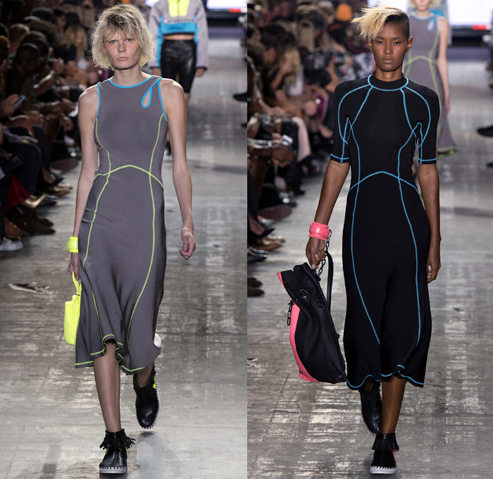 Alexander Wang 2017 Spring Summer Womens Runway Catwalk Looks - New York Fashion Week - Adidas Originals Collaboration Denim Jeans Lingerie Lace Edges Boudoir Slip Dress Silk Satin Embroidery Sheer Chiffon Tulle Voile Vest Waistcoat Sleeveless Wrap Around Neoprene Drawstring Shorts Mini Skirt Crop Top Midriff Swim Bikini Jacket Blazer Skirt Frock Noodle Strap Cargo Pockets Plaid Check Tunic Sweater Contrast Stitching Ruffles Cross Halterneck Onesie Jumpsuit Kimono Wrap Cutout Shoulders Shorts Strapless Gown Handbag Clutch Lanyard Metal Rings BIC Lighter Nail Cutter