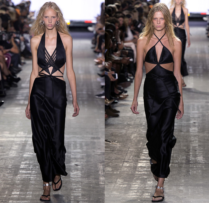 Alexander Wang 2017 Spring Summer Womens Runway Catwalk Looks - New York Fashion Week - Adidas Originals Collaboration Denim Jeans Lingerie Lace Edges Boudoir Slip Dress Silk Satin Embroidery Sheer Chiffon Tulle Voile Vest Waistcoat Sleeveless Wrap Around Neoprene Drawstring Shorts Mini Skirt Crop Top Midriff Swim Bikini Jacket Blazer Skirt Frock Noodle Strap Cargo Pockets Plaid Check Tunic Sweater Contrast Stitching Ruffles Cross Halterneck Onesie Jumpsuit Kimono Wrap Cutout Shoulders Shorts Strapless Gown Handbag Clutch Lanyard Metal Rings BIC Lighter Nail Cutter