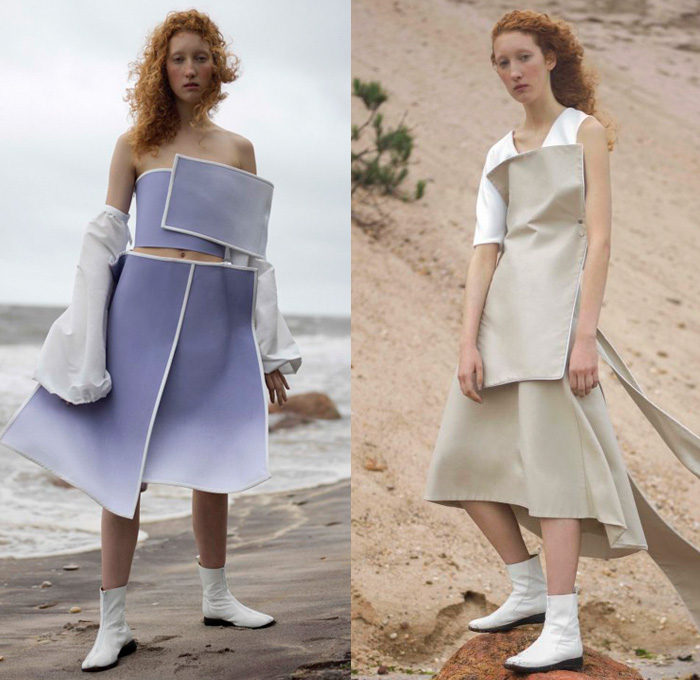 Andrea Jiapei Li 2017 Spring Summer Womens Lookbook Presentation - New York Fashion Week - Organic Shape Deconstructed Bandage Wrap Leaflet Geometric Strip Arm Warmers Detachable Armor Sleeves Skirt Frock Ombre Gradient Fade Asymmetrical Top Curved Hem Wide Leg Trousers Palazzo Pants One Shoulder White Ensemble Capelet Zipper Mockneck Maxi Dress Belt Outerwear Coat