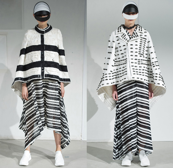 ANREALAGE 2017 Spring Summer Womens Runway Catwalk Looks - Mode à Paris Fashion Week Mode Féminin France - Silence Noise Sound Voice High Low Screen AR Augmented Reality Receptors Stripes Shirtdress Buttons Blouse Long Sleeve Outerwear Jacket Blazer Coatdress Wide Leg Trousers Palazzo Pants Knitwear Poncho Cloak Skirt Frock Metal Ornaments Embroidery Bedazzled Motorcycle Biker Poncho Cutout Emblem Bomber Jacket Elongated Hem Cone Sleeves Leaflet Banded Panel Flowers Floral Forest Woods Helmet Headwear Sound Transmission Scarf Sneakers