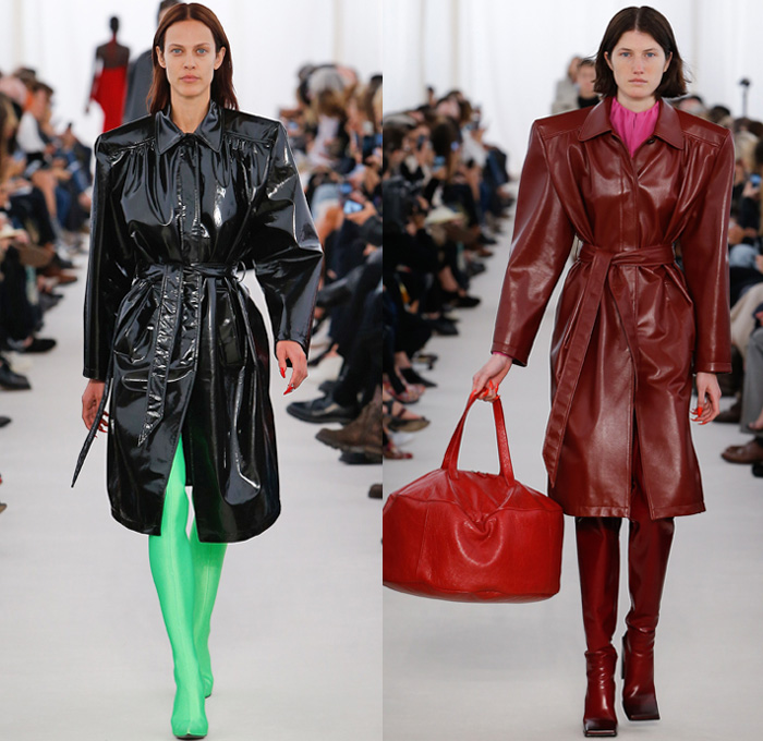 Balenciaga 2017 Spring Summer Womens Runway Catwalk Looks - Mode à Paris Fashion Week Mode Féminin France - Frankenstein Football Shoulders Shoulder Pads Whalebone Rod Oversized Outerwear Trench Coat Overcoat Tuxedo Jacket Blazer Rainwear Parka Cape Cloak Latex Quilted Waffle Puffer Down Vest Gilet Spandex Stretch Leggings Curtain Neck Silk Satin Drapery Maxi Dress Solid Color Asymmetrical Hem Blouse Wrap Stripes Pussycat Bow Stars Dots Flowers Floral Leaves Foliage Print Shirtdress Mesh Lace Knit Tie Up Hood Wrapped Boots Comforter Tote Bag Brooch Gloves Chain