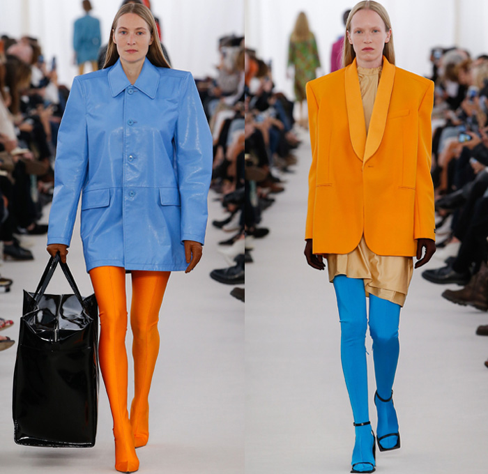 Balenciaga 2017 Spring Summer Womens Runway Catwalk Looks - Mode à Paris Fashion Week Mode Féminin France - Frankenstein Football Shoulders Shoulder Pads Whalebone Rod Oversized Outerwear Trench Coat Overcoat Tuxedo Jacket Blazer Rainwear Parka Cape Cloak Latex Quilted Waffle Puffer Down Vest Gilet Spandex Stretch Leggings Curtain Neck Silk Satin Drapery Maxi Dress Solid Color Asymmetrical Hem Blouse Wrap Stripes Pussycat Bow Stars Dots Flowers Floral Leaves Foliage Print Shirtdress Mesh Lace Knit Tie Up Hood Wrapped Boots Comforter Tote Bag Brooch Gloves Chain