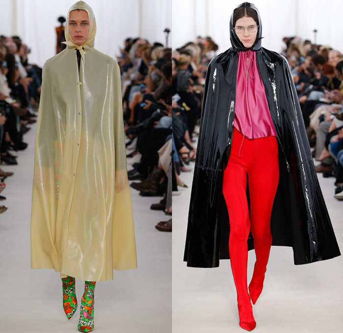 Balenciaga 2017 Spring Summer Womens Runway Catwalk Looks - Mode à Paris Fashion Week Mode Féminin France - Frankenstein Football Shoulders Shoulder Pads Whalebone Rod Oversized Outerwear Trench Coat Overcoat Tuxedo Jacket Blazer Rainwear Parka Cape Cloak Latex Quilted Waffle Puffer Down Vest Gilet Spandex Stretch Leggings Curtain Neck Silk Satin Drapery Maxi Dress Solid Color Asymmetrical Hem Blouse Wrap Stripes Pussycat Bow Stars Dots Flowers Floral Leaves Foliage Print Shirtdress Mesh Lace Knit Tie Up Hood Wrapped Boots Comforter Tote Bag Brooch Gloves Chain