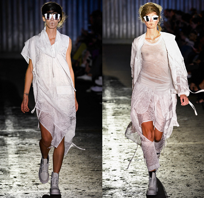 Barbara í Gongini 2017 Spring Summer Womens Runway Catwalk Looks - Copenhagen Fashion Week Denmark CPHFW - Tribal Drapery Deconstructed Cinch Drawstring White Ensemble Nylon Crinkled Sunglasses Boots Sweatshirt Cutout Oversized Outerwear Coat Jacket Straps Strips Laces Sheer Chiffon Cargo Pockets Frayed Raw Hem Stitch Leg Warmers Fringes Necklace Asymmetrical Half Pant Slouchy Maxi Dress Zipper High Slit Abstract