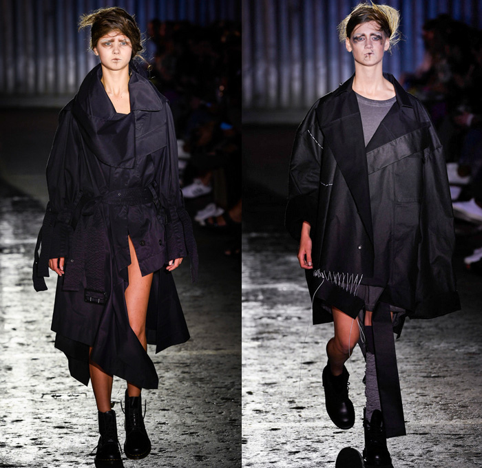 Barbara í Gongini 2017 Spring Summer Womens Runway Catwalk Looks - Copenhagen Fashion Week Denmark CPHFW - Tribal Drapery Deconstructed Cinch Drawstring White Ensemble Nylon Crinkled Sunglasses Boots Sweatshirt Cutout Oversized Outerwear Coat Jacket Straps Strips Laces Sheer Chiffon Cargo Pockets Frayed Raw Hem Stitch Leg Warmers Fringes Necklace Asymmetrical Half Pant Slouchy Maxi Dress Zipper High Slit Abstract