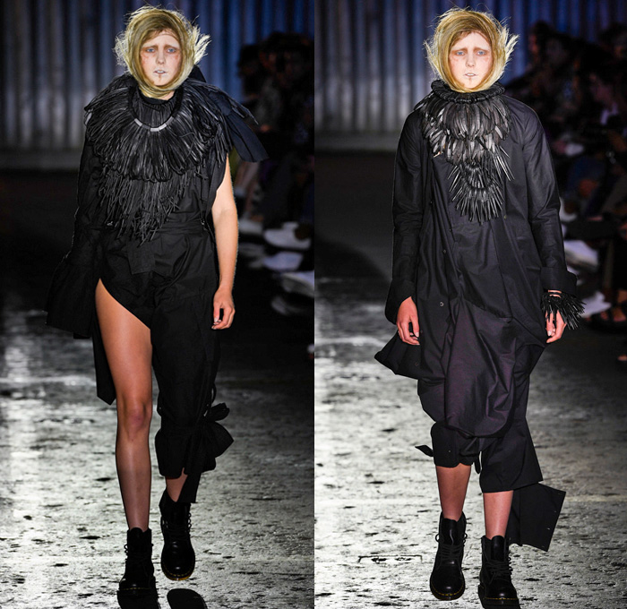 Barbara í Gongini 2017 Spring Summer Womens Runway Catwalk Looks - Copenhagen Fashion Week Denmark CPHFW - Tribal Drapery Deconstructed Cinch Drawstring White Ensemble Nylon Crinkled Sunglasses Boots Sweatshirt Cutout Oversized Outerwear Coat Jacket Straps Strips Laces Sheer Chiffon Cargo Pockets Frayed Raw Hem Stitch Leg Warmers Fringes Necklace Asymmetrical Half Pant Slouchy Maxi Dress Zipper High Slit Abstract