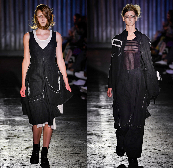 Barbara í Gongini 2017 Spring Summer Womens Runway Catwalk Looks - Copenhagen Fashion Week Denmark CPHFW - Tribal Drapery Deconstructed Cinch Drawstring White Ensemble Nylon Crinkled Sunglasses Boots Sweatshirt Cutout Oversized Outerwear Coat Jacket Straps Strips Laces Sheer Chiffon Cargo Pockets Frayed Raw Hem Stitch Leg Warmers Fringes Necklace Asymmetrical Half Pant Slouchy Maxi Dress Zipper High Slit Abstract