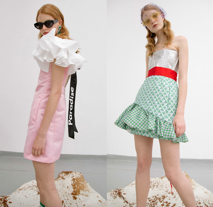 Nicola Brognano 2017 Spring Summer Womens Lookbook Presentation -  Divine Paradise French Romanticism Streetwear Ruffles Bodice Sporty Flowers Floral Print Motif Veil Fishnet Stilettos Tuxedo Stripe Football Soccer Socks Covered Shoes Leopard Track Jacket Jacket Skirt Frock Sheer Chiffon Tulle Strapless Sunglasses Colored Sunglasses Balloon Sleeves Check Miniskirt Embroidery Maxi Dress Knot Ribbon Bow One Off Shoulder
