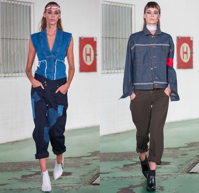 CHATTY 2017 Spring Summer Womens Runway Catwalk Looks - Mercedes-Benz PragueFashionWeek MBPFW Czech Republic - Denim Jeans Onesie Jumpsuit Coveralls Zipper Asymmetrical Closure Patchwork Kimono Vest Waistcoat Pants Trousers Skirt Frock Tuxedo Stripe Flare Bell Bottom Wide Leg Sweater Jumper Layers Knit Wrap Oversized Outerwear Coat PVC Pleather Straps Hanging Sleeve Racecar Sweatshirt Hoodie Jogger Sweatpants Snap Buttons Tearaway Cutout Shoulders