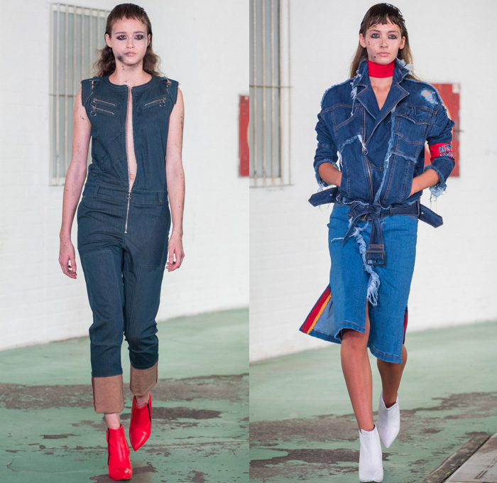 CHATTY 2017 Spring Summer Womens Runway Catwalk Looks - Mercedes-Benz PragueFashionWeek MBPFW Czech Republic - Denim Jeans Onesie Jumpsuit Coveralls Zipper Asymmetrical Closure Patchwork Kimono Vest Waistcoat Pants Trousers Skirt Frock Tuxedo Stripe Flare Bell Bottom Wide Leg Sweater Jumper Layers Knit Wrap Oversized Outerwear Coat PVC Pleather Straps Hanging Sleeve Racecar Sweatshirt Hoodie Jogger Sweatpants Snap Buttons Tearaway Cutout Shoulders