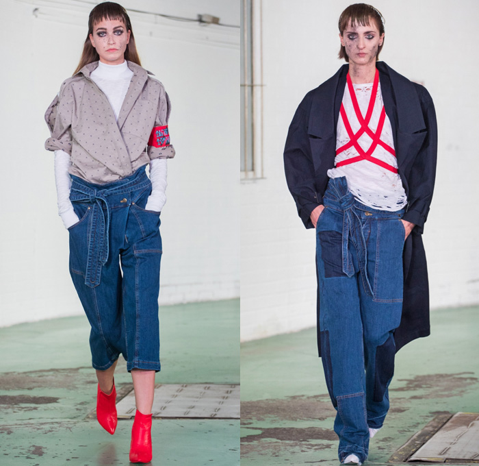 CHATTY 2017 Spring Summer Womens Runway Catwalk Looks - Mercedes-Benz PragueFashionWeek MBPFW Czech Republic - Denim Jeans Onesie Jumpsuit Coveralls Zipper Asymmetrical Closure Patchwork Kimono Vest Waistcoat Pants Trousers Skirt Frock Tuxedo Stripe Flare Bell Bottom Wide Leg Sweater Jumper Layers Knit Wrap Oversized Outerwear Coat PVC Pleather Straps Hanging Sleeve Racecar Sweatshirt Hoodie Jogger Sweatpants Snap Buttons Tearaway Cutout Shoulders