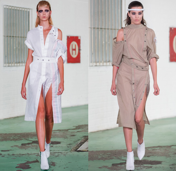 CHATTY 2017 Spring Summer Womens Runway Catwalk Looks - Mercedes-Benz PragueFashionWeek MBPFW Czech Republic - Denim Jeans Onesie Jumpsuit Coveralls Zipper Asymmetrical Closure Patchwork Kimono Vest Waistcoat Pants Trousers Skirt Frock Tuxedo Stripe Flare Bell Bottom Wide Leg Sweater Jumper Layers Knit Wrap Oversized Outerwear Coat PVC Pleather Straps Hanging Sleeve Racecar Sweatshirt Hoodie Jogger Sweatpants Snap Buttons Tearaway Cutout Shoulders