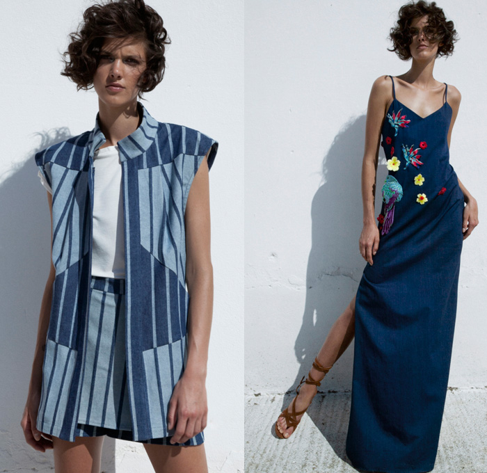 Christina Economou 2017 Spring Summer Womens Lookbook Presentation - New York Fashion Week - Silk Tropical Embellishments Adornments Bedazzled Flowers Floral Foliage Leaves Safari Jacket Coatdress Striped Denim Jeans Vestdress Noodle Spaghetti Strap Maxi Dress Shorts Crop Top Midriff Brocade Jacquard Cloqué Culottes Cropped Wide Leg Trousers Palazzo Pants Ostrich Feathers Strips Blouse