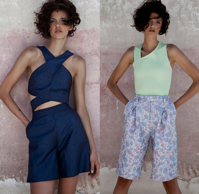 Christina Economou 2017 Spring Summer Womens Lookbook Presentation - New York Fashion Week - Silk Tropical Embellishments Adornments Bedazzled Flowers Floral Foliage Leaves Safari Jacket Coatdress Striped Denim Jeans Vestdress Noodle Spaghetti Strap Maxi Dress Shorts Crop Top Midriff Brocade Jacquard Cloqué Culottes Cropped Wide Leg Trousers Palazzo Pants Ostrich Feathers Strips Blouse