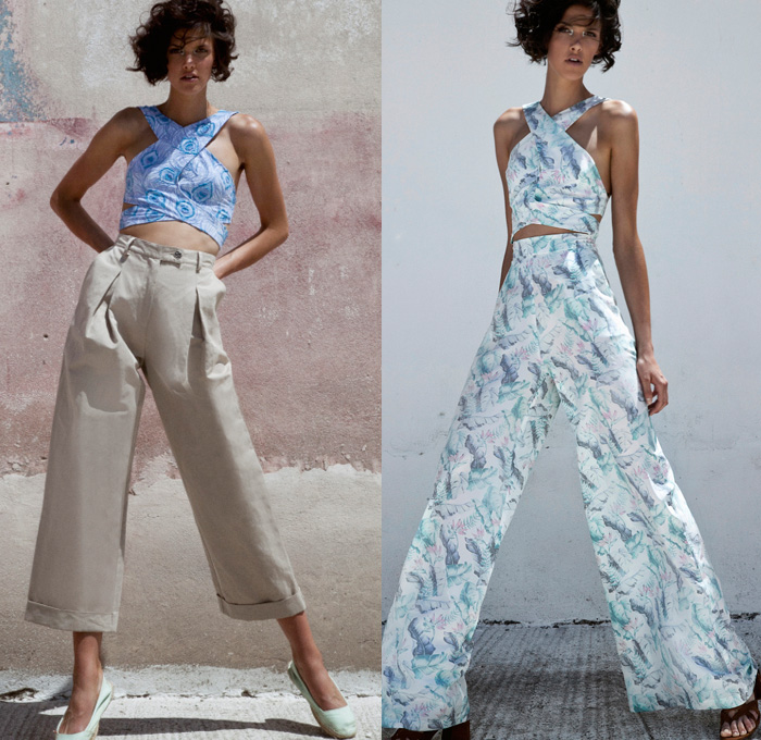 Christina Economou 2017 Spring Summer Womens Lookbook Presentation - New York Fashion Week - Silk Tropical Embellishments Adornments Bedazzled Flowers Floral Foliage Leaves Safari Jacket Coatdress Striped Denim Jeans Vestdress Noodle Spaghetti Strap Maxi Dress Shorts Crop Top Midriff Brocade Jacquard Cloqué Culottes Cropped Wide Leg Trousers Palazzo Pants Ostrich Feathers Strips Blouse