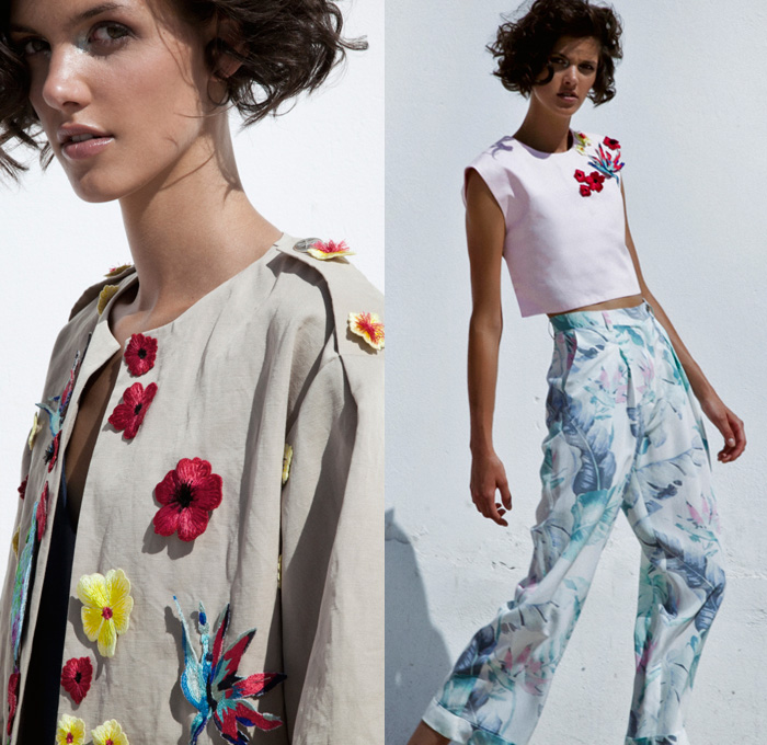 Christina Economou 2017 Spring Summer Womens Lookbook Presentation - New York Fashion Week - Silk Tropical Embellishments Adornments Bedazzled Flowers Floral Foliage Leaves Safari Jacket Coatdress Striped Denim Jeans Vestdress Noodle Spaghetti Strap Maxi Dress Shorts Crop Top Midriff Brocade Jacquard Cloqué Culottes Cropped Wide Leg Trousers Palazzo Pants Ostrich Feathers Strips Blouse