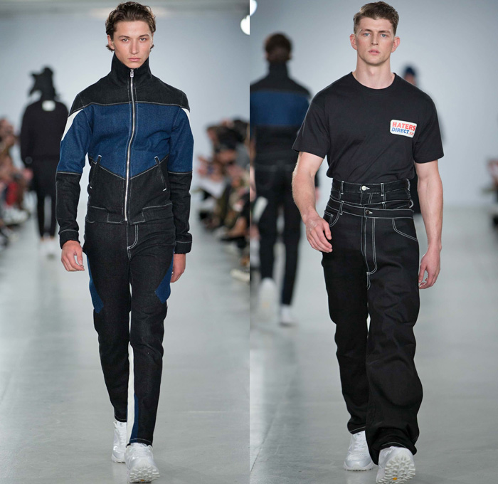 Christopher Shannon 2017 Spring Summer Mens Runway Catwalk Looks - London Collections: Men British Fashion Council UK United Kingdom - Denim Jeans Streetwear Tatters Rivets Tracksuit Sneakers Drawstring Outerwear Jacket Mockneck Zipper Layers Multi-Waistband Slouchy Loose Baggy Two Tone Half Cutout Perforated Trucker Jacket Scarf Fringes Destroyed Ripped Headwear Parachute Pants Tiered Leg Warmers Colorblock