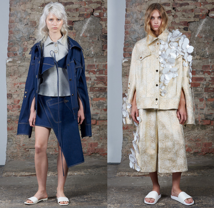 Claudia Li 2017 Spring Summer Womens Lookbook Presentation - New York Fashion Week - After Dusk Before Dawn Oversized Deconstructed Asymmetrical Hem Denim Jeans Noodle Strap Pinafore Dress Buttons Contrast Stitching Outerwear Trench Coat Crop Top Midriff Blouse Wide Leg Trousers Palazzo Pants Culottes Shorts Embroidery Embellishments Butterfly Wings Petals Hanging Sleeve Wide Sleeves Peel Away Cutout Shoulders Sleepwear Pajamas Lounge Slouchy Frayed Raw Hem Silk