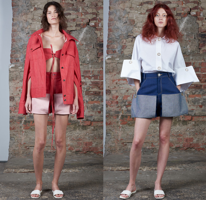 Claudia Li 2017 Spring Summer Womens Lookbook Presentation - New York Fashion Week - After Dusk Before Dawn Oversized Deconstructed Asymmetrical Hem Denim Jeans Noodle Strap Pinafore Dress Buttons Contrast Stitching Outerwear Trench Coat Crop Top Midriff Blouse Wide Leg Trousers Palazzo Pants Culottes Shorts Embroidery Embellishments Butterfly Wings Petals Hanging Sleeve Wide Sleeves Peel Away Cutout Shoulders Sleepwear Pajamas Lounge Slouchy Frayed Raw Hem Silk